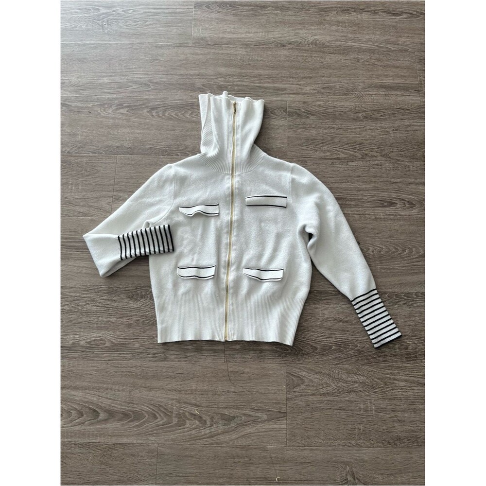 Marc New York Turtleneck Sweater Womens M Ivory White Full Zip Black Stripe Knit